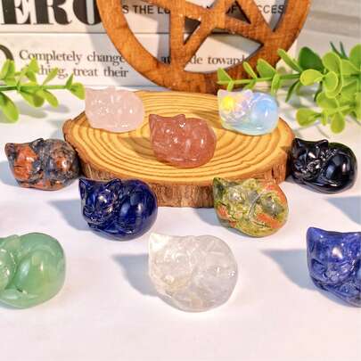 Random 1PC High Quality Sleeping Cat Carving Decoration Natural Crystal Raw Stone, Birthday Gift, Scene Decoration.