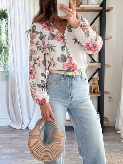 Blusa bohemia holgada de cuello en V con estampado floral para mujer, adecuada para uso diario, ir al trabajo, estar en casa, vacaciones en la playa, primavera, color blanco