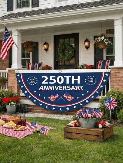 一套美国独立250周年纪念涤纶爱国旗帜，设计选项包括：250周年纪念、1776-2026、美国独立、7月4日、阵亡将士纪念日、退伍军人节、爱国主义、美国国旗、星星、三角旗、门廊装饰、户外、防水涤纶材质、可重复使用、不易褪色，适用于家庭、庭院、派对和独立日庆祝活动。