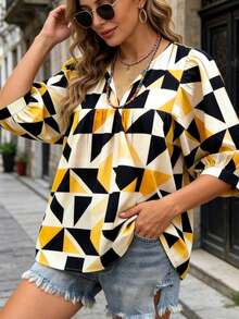 Women's Casual Vacation Shirt, Geometric Ruffle Hem, V-Neck Pleated Design, Bell Sleeves, Spring/Summer - Multicolor - View 8