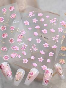 3pcs/Set Pink Sakura & Rose Nail Stickers, 5D Embossed Stamping Gold Romantic Floral Leaves Nail Decals, Self-Adhesive Nail Decorations For Women & Girls Spring Manicure - Multicolor - View 6