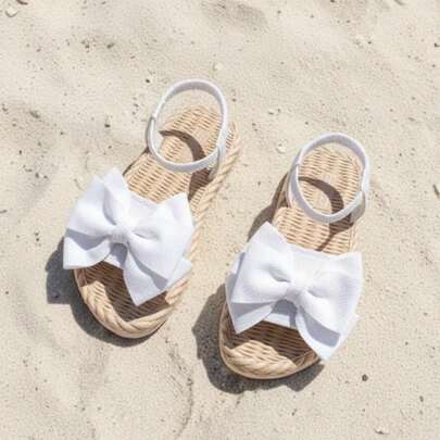 1双白色蝴蝶结幼儿/小女孩凉鞋，纯色EVA软底露趾套脚沙滩凉鞋，圆头可爱优雅公主鞋，适合3-15岁女孩，适合日常、上学、散步、旅行、聚会，2026春夏新款