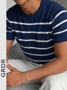 GRDR Men's Summer Knit Striped Short Sleeve Sweater, Versatile For Summer Socializing And Dining - Navy Blue - View 7