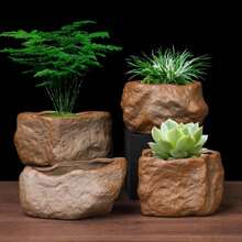 Ceramic Succulent Pot Wear Resistant Stone Shape Cactus Succulent Miniature Garden Bonsai Flowerpot For Home Office Table Desk Decoration - A - View 2