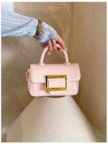 Mini Square Handbag With Gold Buckle, Elegant Top Handle Crossbody Bag For Women, Versatile Daily Purse - Pink - View 2