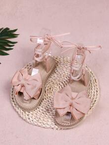 1 Pair Pink Infant/Toddler Girls' Flat Sandals, Black & White Contrast Soft Fabric Strap, Round Toe Elastic Soft Bottom Tie-Up Design, Fashionable Campus/Beach Style Suitable For Daily, School, Vacation, Casual Wear, Spring/Summer New Arrival - Pink - View 3