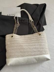 草编链条手提包，鹿形吊坠编织包，大容量单肩包，充满度假风情 - 白色 - 查看 6