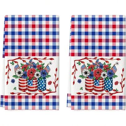 2条爱国主题厨房毛巾，红蓝格子，星形花卉图案，超强吸水厨房抹布，擦干抹布，清洁布，柔软耐用材质，装饰品，送给家人和朋友的礼物，适用于烹饪、烘焙、清洁、浴室、餐桌装饰 - 完美的家居装饰之选。