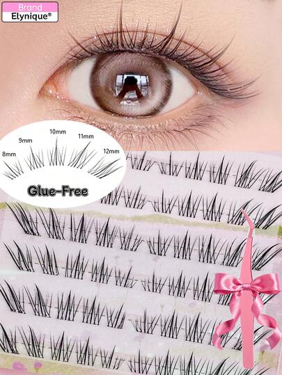 Elynique Glue-Free Cat Lashes 60pcs C Curl False Eyelashes With Tweezers Length 9-14mm Thickness 0.07mm, Glue-Free Fox Hair Natural Looking Long-Lasting Self-Adhesive Curly Lashes, Suitable For Anime/Cartoon Fox Eyes Lash Clusters, Eyelash Clusters, Individual Eyelashes, Lashes