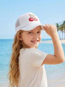 1顶女童刺绣红色樱桃网眼棒球帽，季节性透气遮阳帽，夏季卡车帽 - 1PC - 查看 4