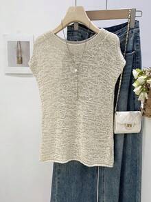 Áo dệt kim không tay cổ tròn dáng cánh dơi dành cho nữ, mẫu mới mùa hè 2026, chi tiết dệt gân, chiều dài tiêu chuẩn (không kèm thắt lưng) - Màu be - Xem 3
