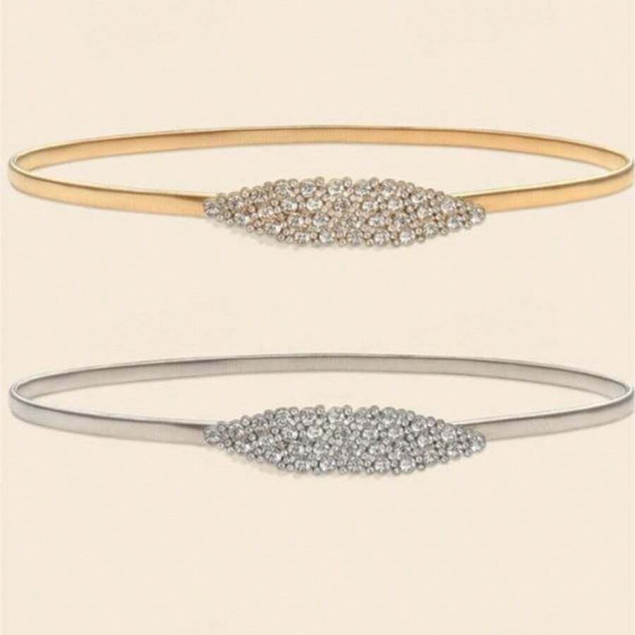 1pc Women's Rhombus Rhinestone Metal Elastic Waist Belt - A - View 1