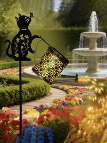 Solar Lights Outdoor Decorative, Watering Can With Cascading Lights, With Cat/Dog Silhouette Garden Stakes, Gifts For Mom Women, Waterproof Metal Garden Decor For Yard Art, Outside, Patio, Lawn Ornaments - Multicolor - View 6