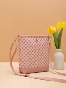 Bolso de cubo cruzado de hombro con estampado vintage, versátil para uso diario - Rosa - Ver 3