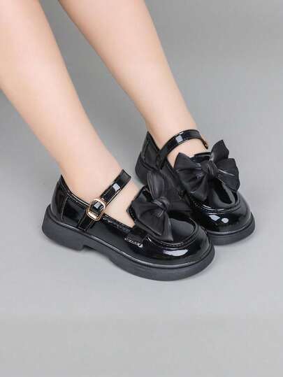 1 Pair Girls' Patent Leather Flat Shoes, 2026 New Fashion Versatile Bow Decor Mary Jane Shoes, Suitable For Spring/Autumn Occasions, School, Princess Style