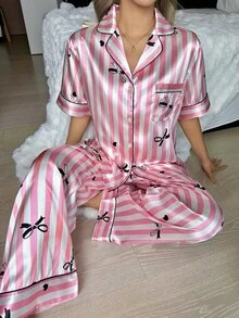 2pcs/Set Pink Striped Butterfly Pattern Versatile Minimalist Commuting Lapel Short Sleeve Top And Pants Women Pajama Set - Pink - View 2