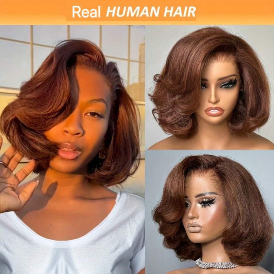 180% 巧克力棕色蓬松波浪波波头假发，深棕色 13x4 高清透明蕾丝前额假发，真人发水波纹预拔毛，女士款