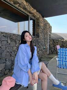 女士休闲宽松长袖衬衫（春季款） - 藍色 - 查看 4