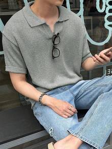 男女皆宜的休闲纯色V领短袖针织衫，适合春夏穿着，欧美韩风皆宜。 - 灰色 - 查看 2