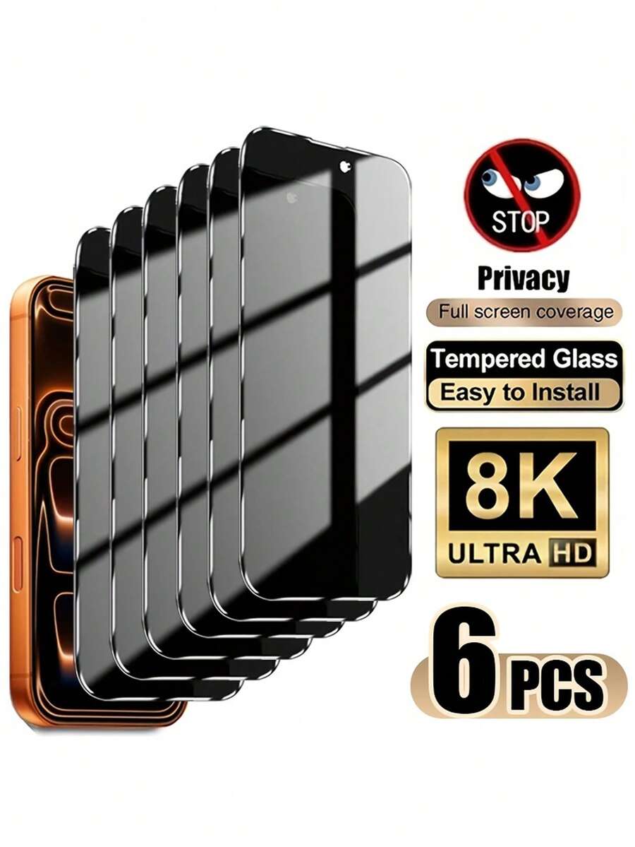 6片装全覆盖隐私钢化玻璃屏幕保护膜，兼容 17 Pro Max/17 Air/16 Pro Max/15 Pro/17/16/15/14/13/12/11/16e/Plus/Mini/X/XR/XS Max/7/8/SE2/SE3，9H+硬度，超高清，防刮花，防指纹，易于安装，防窥视 - 黑色-6PCS - 查看 1