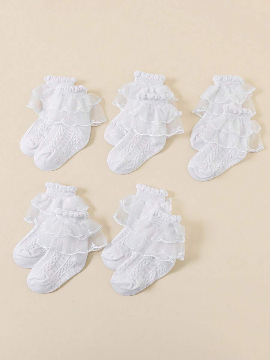 5双装女童袜子/校袜,白色休闲荷叶边袜,可爱蕾丝边袜,亲肤柔软时尚公主袜,百搭舒适中筒袜,适合返校、日常穿着、节日礼物 - 白色 - 查看 1