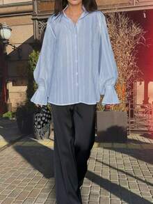 秋季新款甜美清新百搭优雅通勤宽松立领灯笼袖长袖休闲提花衬衫女式上衣春季 - 淺藍色 - 查看 6
