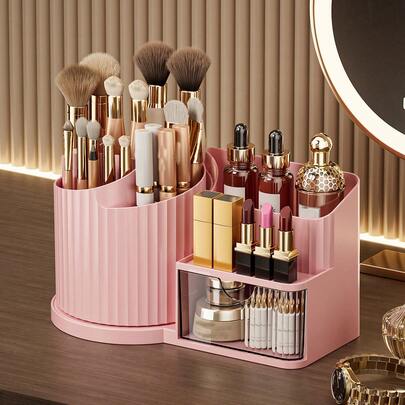 360°旋转化妆品收纳盒，带5个隔层的塑料化妆品架，多功能收纳架，可放置化妆刷、口红和文具 - 耐用、无异味、节省桌面空间，设计优雅，化妆品收纳神器