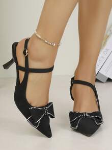 Elegant Pointed Toe Bowknot High Heel Sandals - Black - View 4