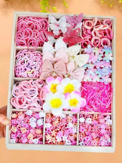 476件/套粉色蝴蝶发饰套装，包含弹力发圈、水钻蝴蝶结、布艺花朵、亮片蝴蝶——适合女孩和女士，可日常佩戴，上学、参加派对皆宜，适合复古、甜美和学院风等多种风格。