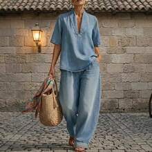 2026 European And American Summer New Women's Loose Casual Solid Color Comfortable Minimalist Denim Two-Piece Set,Trajes Elegantes De Mujer,Conjunto De Dos Piezas Mujer - Màu xanh lam - Xem 5