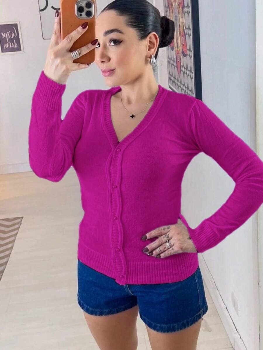 Beautiful, Fashionable, Lightweight Knit Cardigan With Buttons And Elastane. (Super Shipping!) - Fuchsia - View 1
