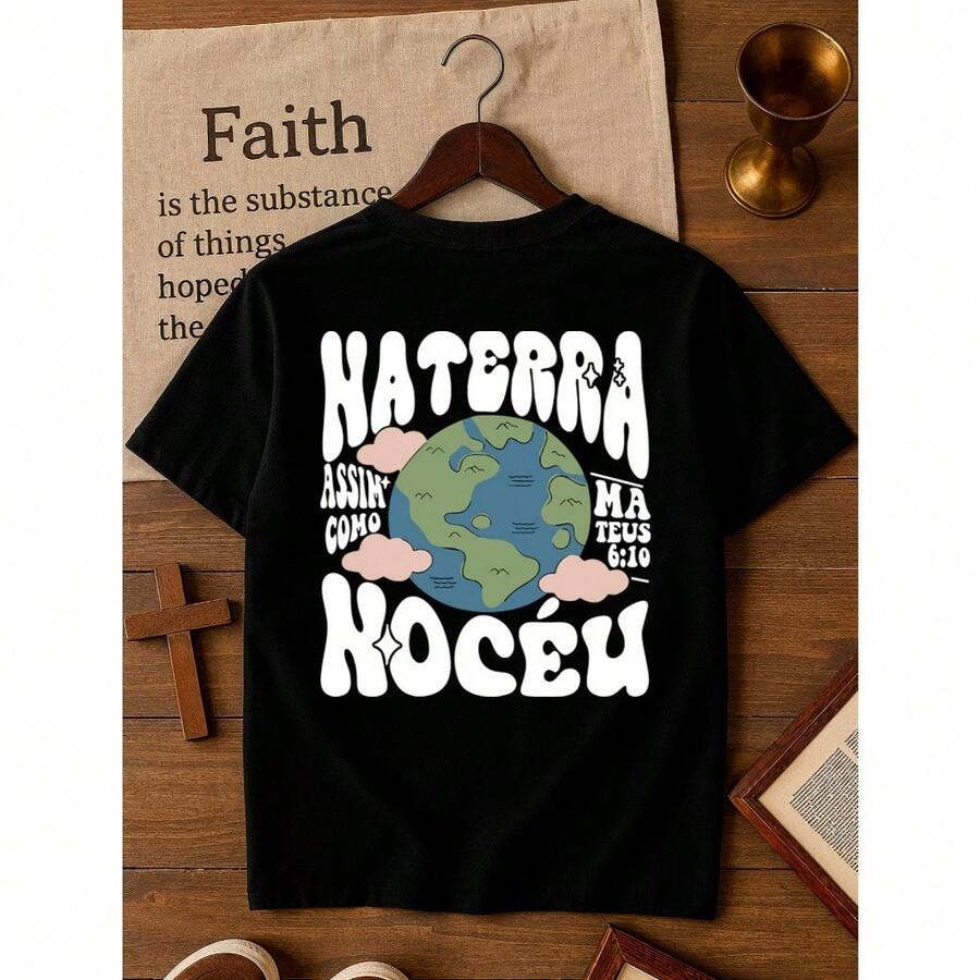 STREETGANG- ASSIM NA TERRA Camiseta Gospel Infantil Juvenil Adolescente Camiseta Jesus Deus Camisa Cristã Evangélica Roupa de Igreja Unissex Menino e Menina - 100% Algodão Premium Tamanho 2 ao 16 - Preto - Visão 1