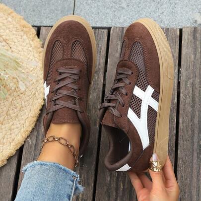 女士新款休闲系带运动鞋，时尚户外街头休闲运动鞋，网眼镂空透气，大码学生仿麂皮厚底鞋