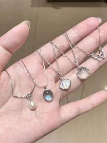 5件套优雅简约贝壳蝴蝶仿珍珠仿月光石仿海蓝宝石项链套装，女士颈链，适合日常、度假、约会、派对、生日、情人节等场合佩戴。 - 彩色 - 查看 1