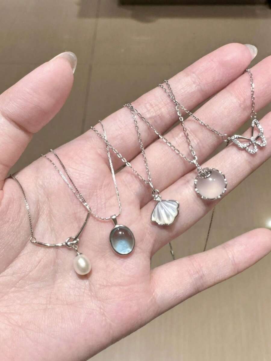 5件套优雅简约贝壳蝴蝶仿珍珠仿月光石仿海蓝宝石项链套装，女士颈链，适合日常、度假、约会、派对、生日、情人节等场合佩戴。 - 彩色 - 查看 1