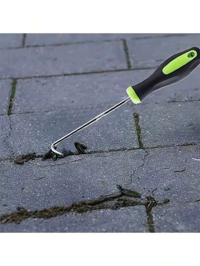 1 pieza Herramienta de jardinería en forma de U de metal resistente, con mangos verde y negro, adecuada para jardín, césped, grietas, senderos, reemplazo de rejillas de ventana, extracción de juntas, excelente para desyerbar y otros propósitos