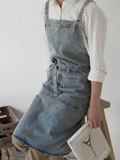 Thickened Denim & Canvas Apron, Waterproof Kitchen Bib Apron For Women, Barista/Waiter Uniform, Fashionable Denim Apron For Restaurants