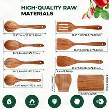 AIUHI 9件套木勺烹饪用具套装，带勺架，天然木质不粘锅厨具 - 棕色 - 查看 3