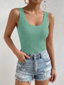 Womens Summer Sleeveless Tank Tops V Neck Ruffle Lightweight Ribbed Knit Shirt Casual Going Out Top - màu xanh lá - Xem 3