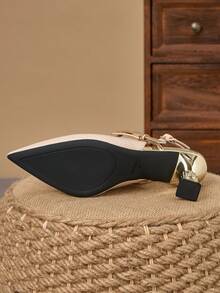 卡其色蛇纹不对称尖头高跟凉鞋，露跟通勤及约会鞋 - 卡其色 - 查看 7