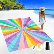 1pc 185*235CM Colorful Line Geometric Striped Pattern Printed Waterproof Anti-Sand Large Beach Blanket, Suitable For 2-3 People Leisure Beach Vacation, Lightweight Thin Durable Outdoor Camping Picnic Mat - B - View 3