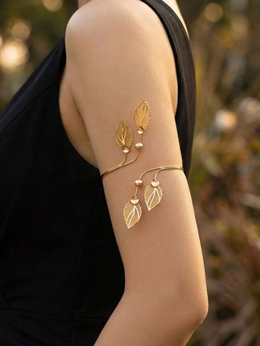 1 chiếc vòng tay điều chỉnh được kiểu dáng tối giản "Cành vàng lá ngọc bích", thiết kế dành cho nữ. - Vàng - Xem 1