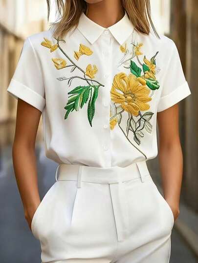 Women's Elegant Short Sleeve Floral Embroidered Blouse - Machine Washable Summer Shirt, Casual Or Formal Wear For Office And Vacation, Spring/Summer White