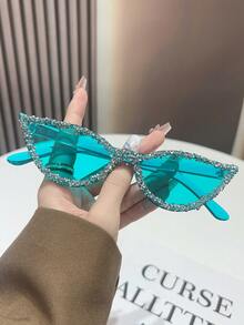 1 Pair Of Fashionable Shiny Rhinestone Cat Eye Glasses, Unique Candy Color Fashion Street Style Glasses, Suitable For Daily Wear, Women's Fashion Glasses, Women, Autumn And Winter Outfits, Beach Accessories, Vintage Y2K Basic Glasses, Business Casual Gift, Perfect For Daily Wear, Seaside, Beach, Vacation, Walking, Shopping, Driving, Street Photography, Valentine's Day, Summer Beach Vacation, Outdoor Activities, Travel - Color Frame Color - View 6