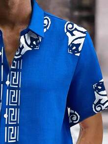 巴洛克复古几何3D印花加大码男士短袖纽扣衬衫 - 藍色 - 查看 5