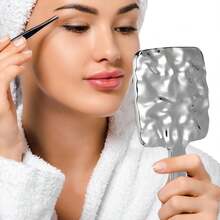 Handheld Square Makeup Mirror With Handle, Portable Wavy Design Cosmetic Mirror, Women's Personal Makeup Carry-On, Durable Electroplated Square Mirror Surface, Lightweight Travel Makeup Tool For Quick Touchups And Accurate Reflection - Silver - View 1