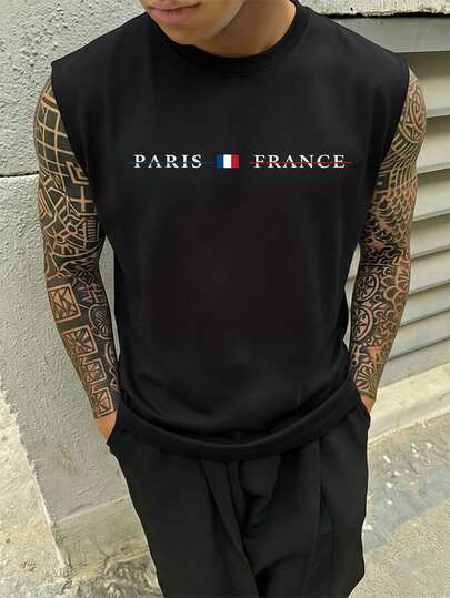 Fractyr Chaleco sin mangas de moda casual de verano para hombres, con estampado minimalista de letras inglesas a doble cara y cuello redondo