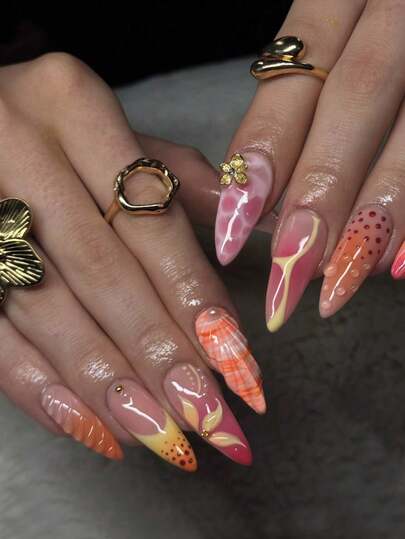 Y2K Flower Nail Art Acrylic 24Pcs Polka Dot Stiletto Heel Press On Nail Tips, DIY Art Shell Texture 3D False Nail Set, Decorated With Flower/Starfish/Gold Bead Embellishments. Suitable For Nail Salons, Everyday Wear, Holiday Parties, And As A Gift.