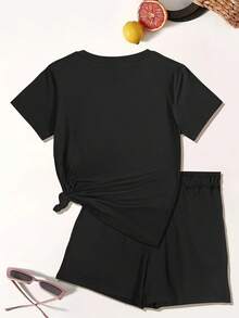 NUDEA 2025 Summer New Style, Featuring A Smiling Face And The Word 'Happy', This Casual Printed Short-Sleeve Top Comes With Elastic Waist Pocket Shorts For Women, A Two-Piece Set Summer Clothes  Two Piece Set Women - 黑色 - 查看 2