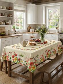 1pc Vintage Floral Tablecloth With Lace Trim, Watercolor Bird, Butterfly, Tulip, Cherry Blossom Print, Waterproof And Stain-Resistant Polyester Tablecloth, Washable For Restaurant Decor, Suitable For Kitchen, Patio, Spring Home And Mother's Day Party - Multicolor - View 16